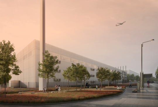 Gebäude mit Flugzeug im Hintergrund